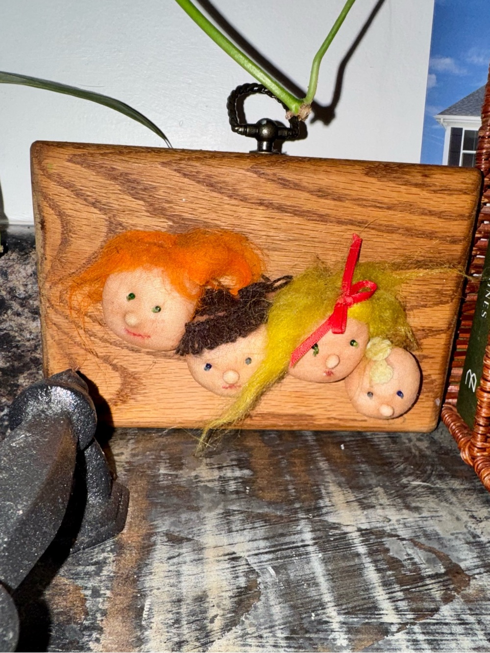 VINTAGE Handmade Wooden Plaque with Four Faces